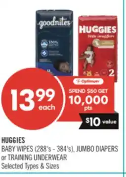 Shoppers Drug Mart HUGGIES BABY WIPES 128'S-384'S JUMBO DIAPERS OR TRAINING UNDERWEAR offer