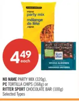 Shoppers Drug Mart NO NAME PARTY MIX (320g), PC TORTILLA CHIPS (368g) or RITTER SPORT CHOCOLATE BAR (100g) offer