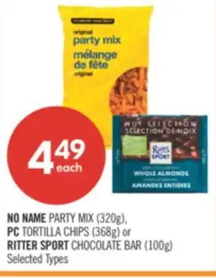 Shoppers Drug Mart NO NAME PARTY MIX (320g), PC TORTILLA CHIPS (368g) or RITTER SPORT CHOCOLATE BAR (100g) offer