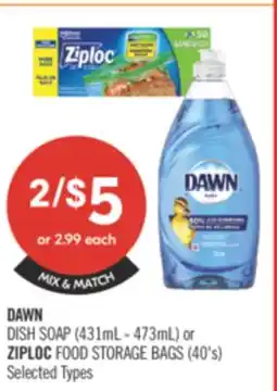 Shoppers Drug Mart DAWN DISH SOAP (431mL-473ml) or ZIPLOC FOOD STORAGE BAGS (40's) offer