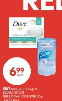 Shoppers Drug Mart DOVE BAR SOAP (3 x 106g) or SECRET OUTLAST ANTIPERSPIRANT/DEODORANT (45g) offer