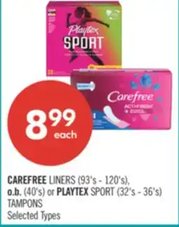 Shoppers Drug Mart CAREFREE LINERS (93's - 120's), o.b. (40's) or PLAYTEX SPORT (32's - 36's) TAMPONS offer