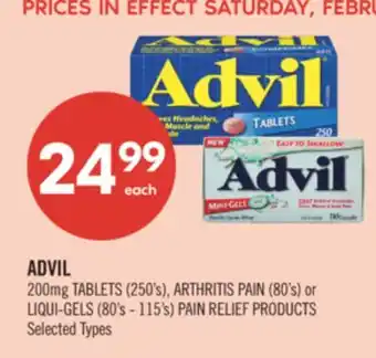 Shoppers Drug Mart ADVIL 200mg TABLETS (250's), ARTHRITIS PAIN (80's) or LIQUI-GELS (80's - 115's) PAIN RELIEF PRODUCTS offer