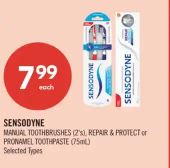 Shoppers Drug Mart SENSODYNE MANUAL TOOTHBRUSHES (2's) REPAIR & PROTECT or PRONAMEL TOOTHPASTE (75ml) offer