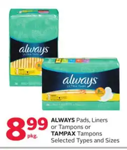 Rexall ALWAYS Pads, Liners or Tampons or TAMPAX Tampons offer