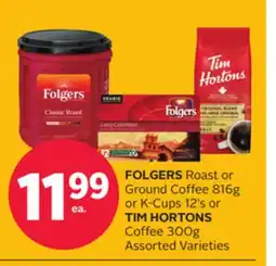 Rexall FOLGERS Roast or Ground Coffee 816g or K-Cups 12' s or TIM HORTONS Coffee 300g offer