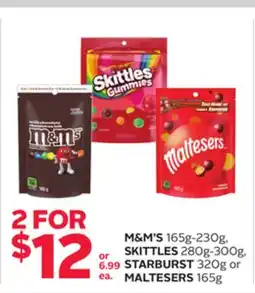 Rexall M & M' S 165g-230g, SKITTLES 280g-300g, STARBURST 320g or MALTESERS 165g offer