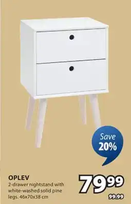 JYSK OPLEV 2-drawer nightstand with white-washed solid pine legs offer