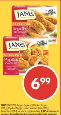 Pharmaprix JANES STYLE PUB Chicken Burgers (800 g), Nuggets or Strips (700 g) offer