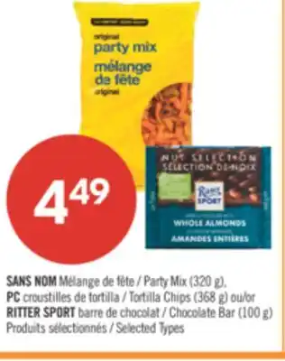 Pharmaprix NO NAME Party Mix (320 g), Tortilla Chips (368 g) or RITTER SPORT Chocolate Bar (100 g) offer