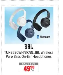 2001 Audio Video TUNE520WH/BK/BL JBL Wireless Pure Bass On-Ear Headphones offer