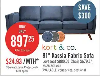 The Brick Kort & Co. Kassia 90.6 Linen-Look Fabric Sofa with Wood Base and Legs - Blue offer