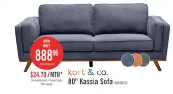 The Brick Kort & Co. Kassia 80 Linen-Look Fabric Condo Size Sofa with Wood Base and Legs - Blue offer