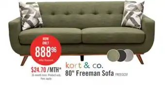 The Brick Kort & Co. Freeman 80 Linen-Look Fabric Condo Size Sofa with Wood Legs - Avocado Green offer