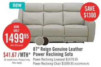 The Brick Reign 87 Top-Grain Genuine Leather Power Reclining Sofa with USB Ports - Deltona Moonshine Taupe offer