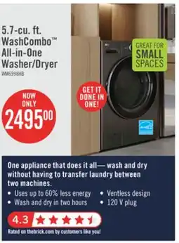 The Brick LG 5.7 Cu. Ft. Smart Front-Load High-Efficiency Steam All-in-One Laundry - Black Steel - WM6998HBA offer