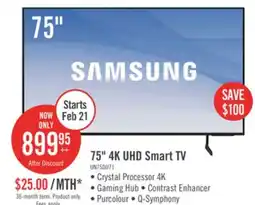 The Brick Samsung 75 4K UHD Direct Lit PurColour HDR10+ 60Hz Smart TV (UN75DU7100FXZC) offer