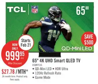 The Brick TCL 65 QLED Mini LED 4K UHD HDR Ultra IMAX Enhanced 120Hz Google Smart TV (65QM751G) offer