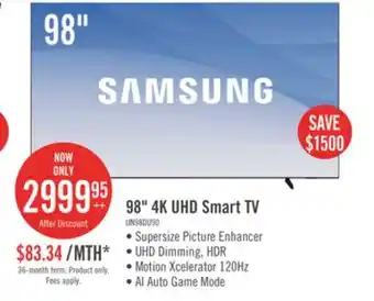 The Brick Samsung 98 4K UHD Edge Lit Dynamic Crystal Colour HDR10+ 120Hz Smart TV (UN98DU9000FXZC) offer