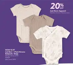 Babies 'R' Us Just Born - 3 Pack Kimono Bodysuits - Beige offer