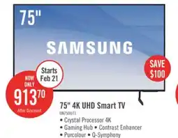 The Brick Samsung 75 4K UHD Direct Lit PurColour HDR10+ 60Hz Smart TV (UN75DU7100FXZC) offer