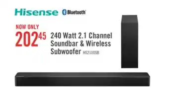 The Brick Hisense 2.1 CH Dolby Audio DTS Virtual:X Soundbar with Wireless 240W Subwoofer (HS2100) offer