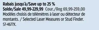 Canadian Tire Bosch Selected Laser Measures or Stud Finder offer