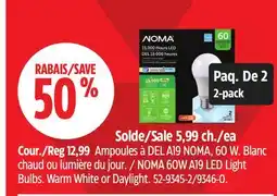 Canadian Tire NOMA 60W A19 LED Light Bulbs. Warm White or Daylight offer