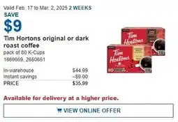 Costco Tim Hortons original or dark roast coffee offer