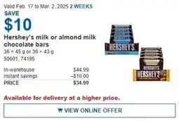 Costco Hershey's milk or almond milk chocolate bars offer