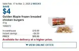 Costco Golden Maple frozen breaded chicken burgers offer