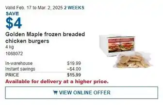 Costco Golden Maple frozen breaded chicken burgers offer