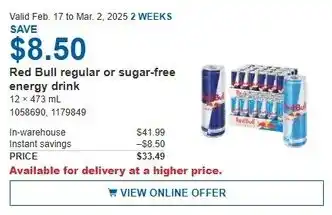 Costco Red Bull regular or sugar-free energy drink offer