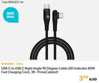 Primecables USB-C to USB-C Right Angle 90 Degree Cable LED Indicator 60W Fast Charging Cord, 3ft - PrimeCables offer