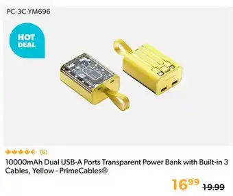 Primecables 10000mAh Dual USB-A Ports Transparent Power Bank with Built-in 3 Cables, Yellow - PrimeCables offer