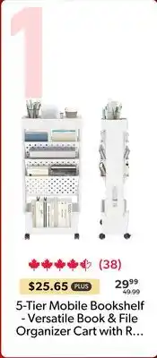 123Ink 5-Tier Mobile Bookshelf - Versatile Book & File Organizer Cart with Rotatable Wheels - Moustache offer