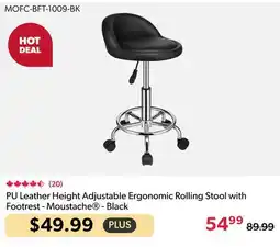 123Ink PU Leather Height Adjustable Ergonomic Rolling Stool with Footrest - Moustache - Black offer