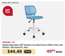 123Ink Height Adjustable 360° Rotation Low-Back Home Office Chair with Wheels - Moustache - Blue offer