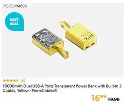 Shopper+ 10000mAh Dual USB-A Ports Transparent Power Bank with Built-in 3 Cables, Yellow - PrimeCables offer