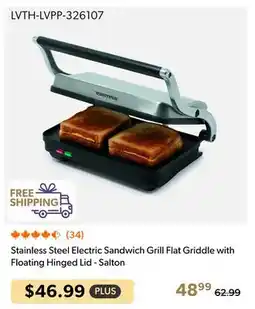 Shopper+ Stainless Steel Electric Sandwich Grill Flat Griddle with Floating Hinged Lid - Salton offer