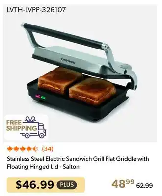 Shopper+ Stainless Steel Electric Sandwich Grill Flat Griddle with Floating Hinged Lid - Salton offer