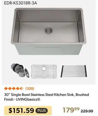 Shopper+ 30 Single Bowl Stainless Steel Kitchen Sink, Brushed Finish - LIVINGbasics offer