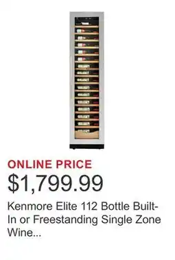 Costco Kenmore Elite 112 Bottle Built-In or Freestanding Single Zone Wine Cellar offer