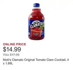 Costco Mott's Clamato Original Tomato Clam Cocktail, 4 x 1.89L offer