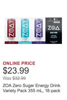 Costco ZOA Zero Sugar Energy Drink Variety Pack 355 mL, 18-pack offer