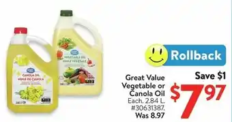 Walmart Great Value Vegetable or Canola Oil offer