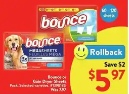 Walmart Bounce or Gain Dryer Sheets offer