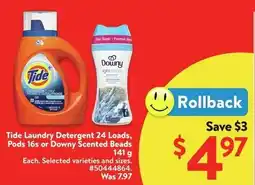 Walmart Tide Laundry Detergent 24 Loads, Pods 16s or Downy Scented Beads offer