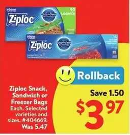 Walmart Ziploc Snack, Sandwich or Freezer Bags offer