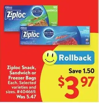 Walmart Ziploc Snack, Sandwich or Freezer Bags offer